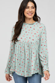 Mint Floral Ruffle Mock Neck Top