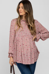 Mauve Floral Ruffle Mock Neck Maternity Top