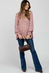 Mauve Floral Ruffle Mock Neck Maternity Top