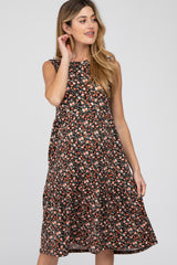 Black Floral Ribbed Sleeveless Maternity Midi Dress