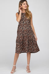 Black Floral Ribbed Sleeveless Maternity Midi Dress