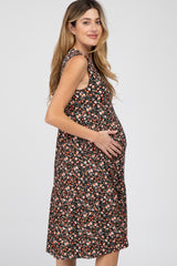 Black Floral Ribbed Sleeveless Maternity Midi Dress