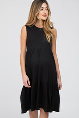 Black Ribbed Tiered Maternity Midi Dress