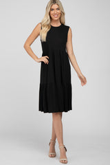 Black Ribbed Tiered Midi Dress