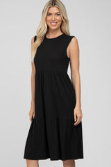 Black Ribbed Tiered Midi Dress