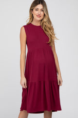 Burgundy Ribbed Tiered Maternity Midi Dress