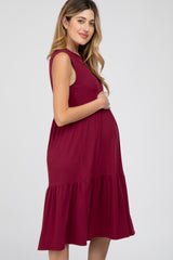 Burgundy Ribbed Tiered Maternity Midi Dress