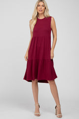 Burgundy Ribbed Tiered Maternity Midi Dress