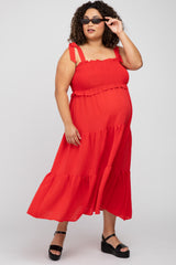 Red Smocked Tiered Plus Maternity Midi Dress