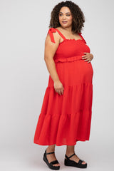 Red Smocked Tiered Plus Maternity Midi Dress