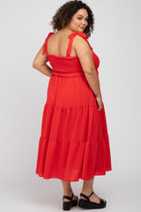 Red Smocked Tiered Plus Maternity Midi Dress