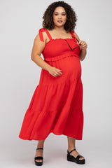 Red Smocked Tiered Plus Maternity Midi Dress