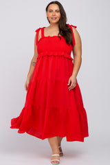 Red Smocked Tiered Plus Maternity Midi Dress