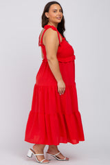 Red Smoked Tiered Plus Midi Dress