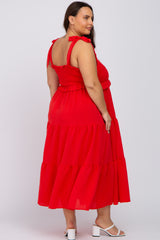 Red Smoked Tiered Plus Midi Dress