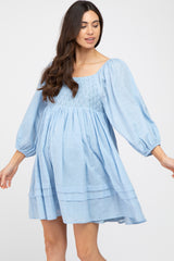 Light Blue Crochet Bubble Sleeve Maternity Dress