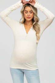 Cream Ribbed Button Front Long Sleeve Maternity Top