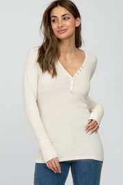 Cream Ribbed Button Front Long Sleeve Top