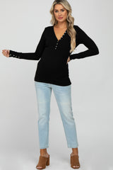 Black Ribbed Button Front Long Sleeve Maternity Top