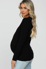 Black Ribbed Button Front Long Sleeve Maternity Top