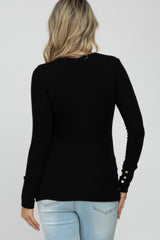 Black Ribbed Button Front Long Sleeve Maternity Top