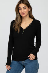 Black Ribbed Button Front Long Sleeve Maternity Top