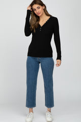 Black Ribbed Button Front Long Sleeve Top