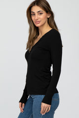 Black Ribbed Button Front Long Sleeve Top