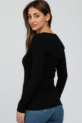 Black Ribbed Button Front Long Sleeve Top