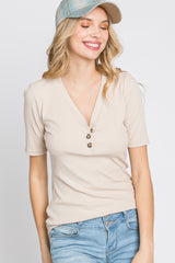 Taupe Ribbed Button Front Maternity Top