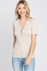 Taupe Ribbed Button Front Top