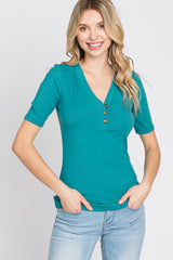 Teal Ribbed Button Front Top