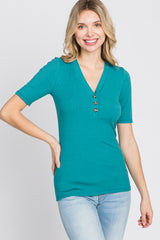 Teal Ribbed Button Front Top