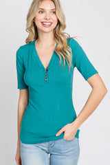 Teal Ribbed Button Front Top