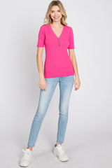 Fuchsia Ribbed Button Front Top