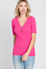 Fuchsia Ribbed Button Front Top