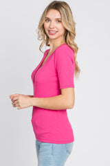 Fuchsia Ribbed Button Front Top