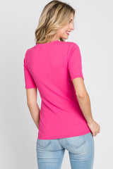 Fuchsia Ribbed Button Front Top