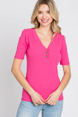 Fuchsia Ribbed Button Front Top