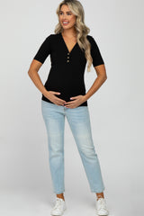 Black Ribbed Button Front Maternity Top