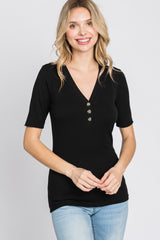 Black Ribbed Button Front Top