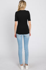 Black Ribbed Button Front Top