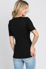 Black Ribbed Button Front Top