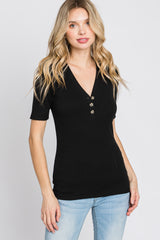 Black Ribbed Button Front Top