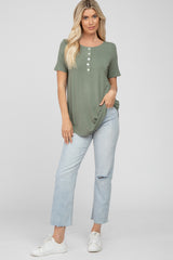 Light Olive Button Up Short Sleeve Top