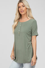 Light Olive Button Up Short Sleeve Top