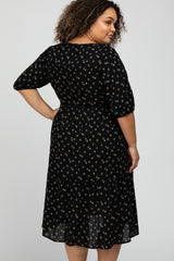 Black Floral Button Front Maternity Midi Dress