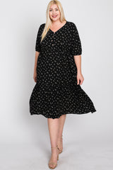 Black Floral Button Front Midi Dress