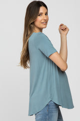 Blue Button Up Short Sleeve Maternity Top