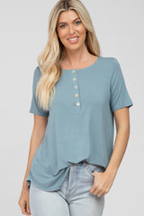 Blue Button Up Short Sleeve Maternity Top